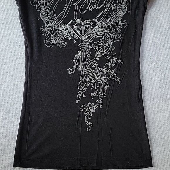 Roxy Black Gray Cap Sleeve Skinny Tee Small EUC - Picture 8 of 8